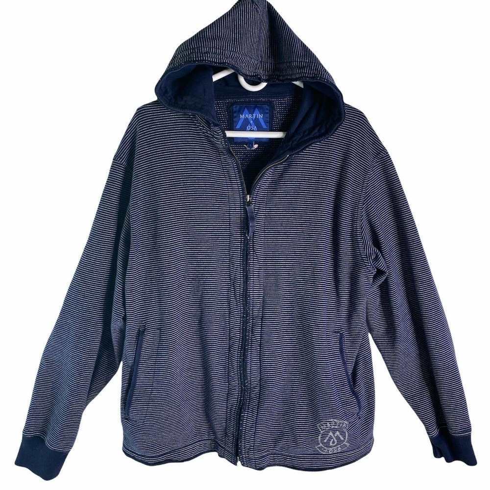 Martin & Osa lightweight Full Zip Hoodie Jacket Sz Large Blue White Stripe